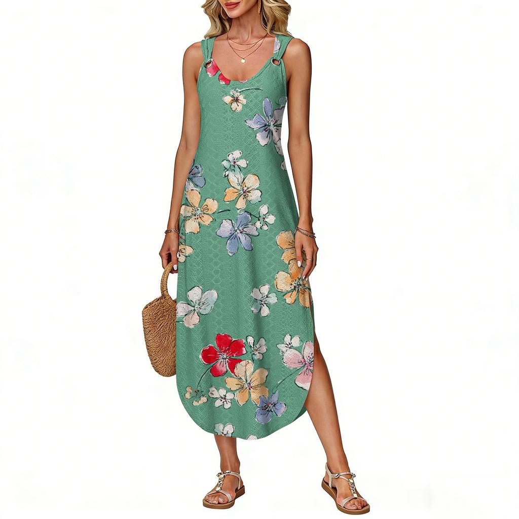 Damen Sommer Langes Kleid, Ärmellos Mit Seitenschlitzen, Langes Camisole-Kleid Mit Blumendruck