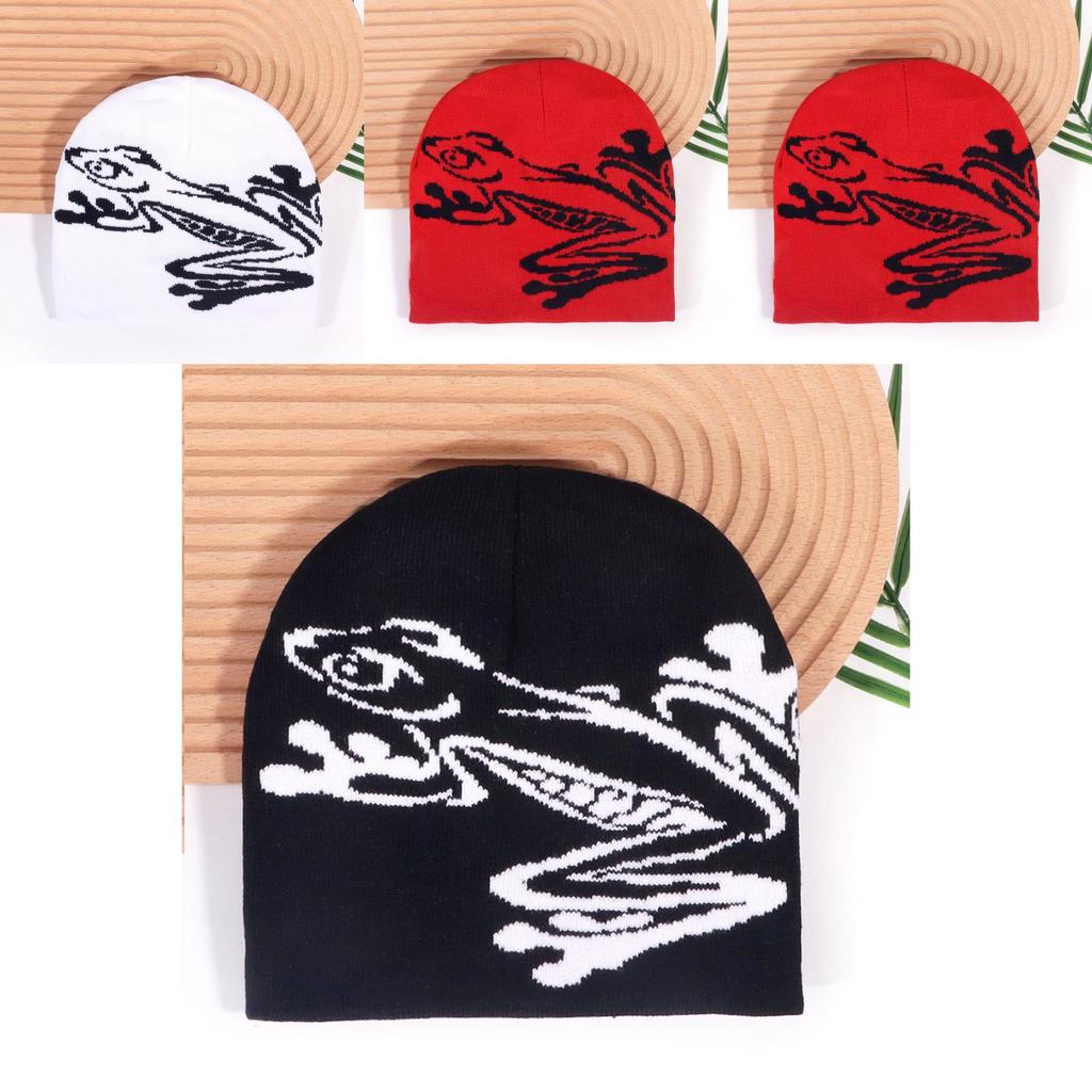 Black Acrylic Cold Weather Cap With Frog Pattern For Streetwear And Casual Use