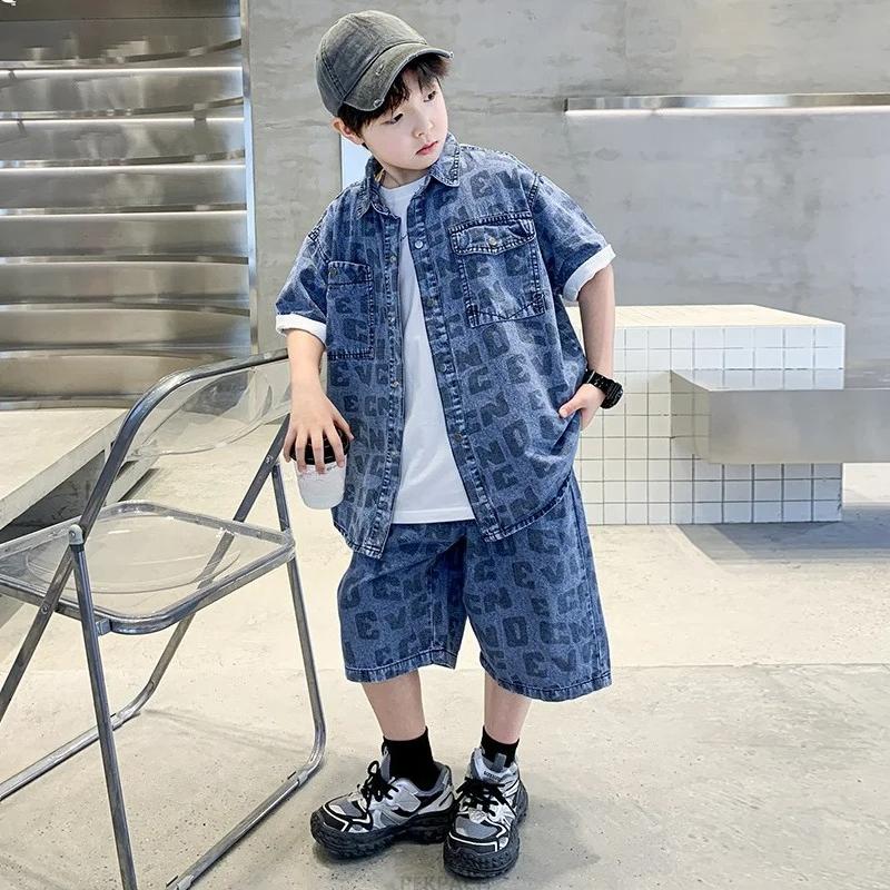Conjunto de Ropa Casual de Verano para Niños Adolescentes Camisa y Pantalón Corto de Mezclilla Conjunto de 2 Piezas Adolescentes Niño Ropa Fresca Urbana Traje