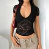 Canotta corta con pizzo traforato da ragazza T-shirt da donna Stazione indipendente Autunno e Inverno