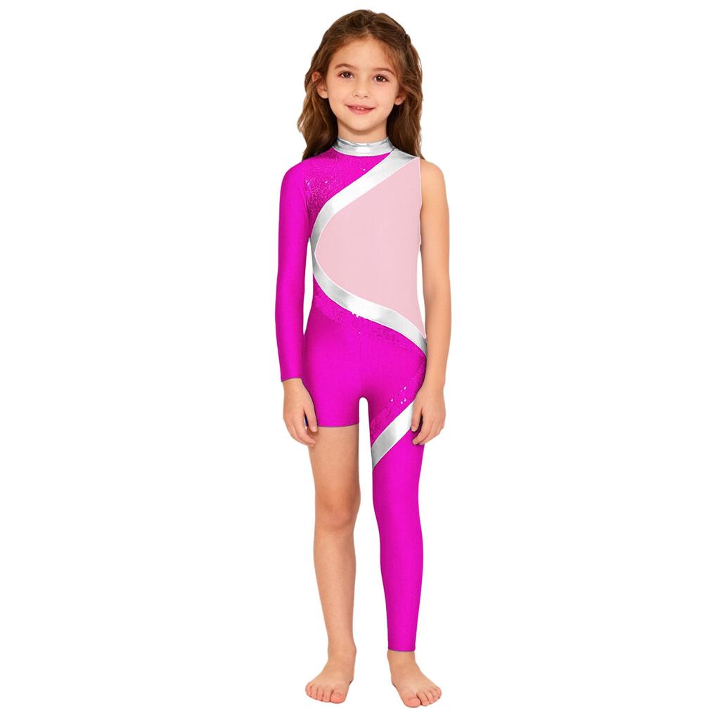 Kids Girls Stage Performance Jumpsuit: Mock Neck Shiny Sequins Color Block Asymmetrical Cut with Back Invisible Zipper