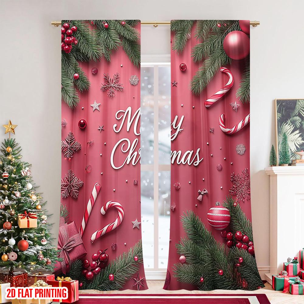Flat Printing Christmas Curtain Candy Cane Versatile Polyester Fabric Without Electricity Festive Holiday Curtains Set Of 2 Made