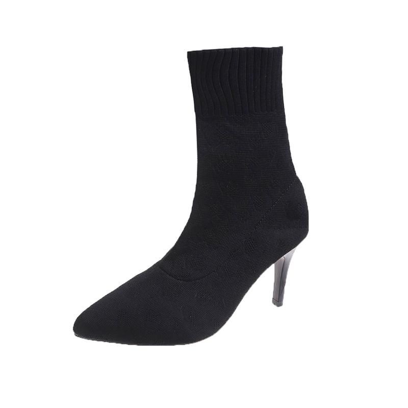 

Модные ботильоны-носки с леопардовым принтом, вязаные эластичные ботинки, женская обувь 2025, весна-осень, модные, новые, на высоком каблуке, женские ботильоны 42 чёрный