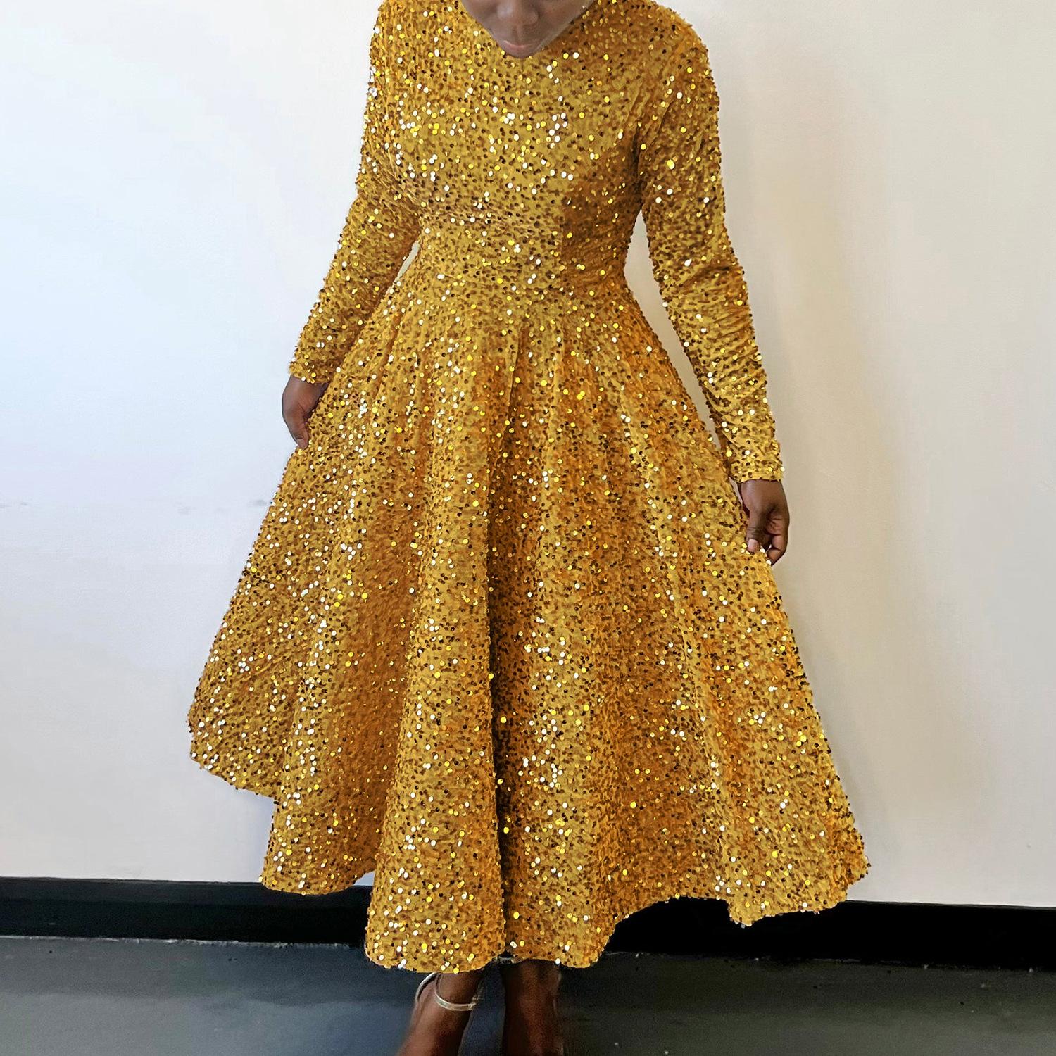 

YYFS Женская мода весна-осень однотонный принт длинный рукав О-образный вырез высокая талия повседневные платья S шампанского