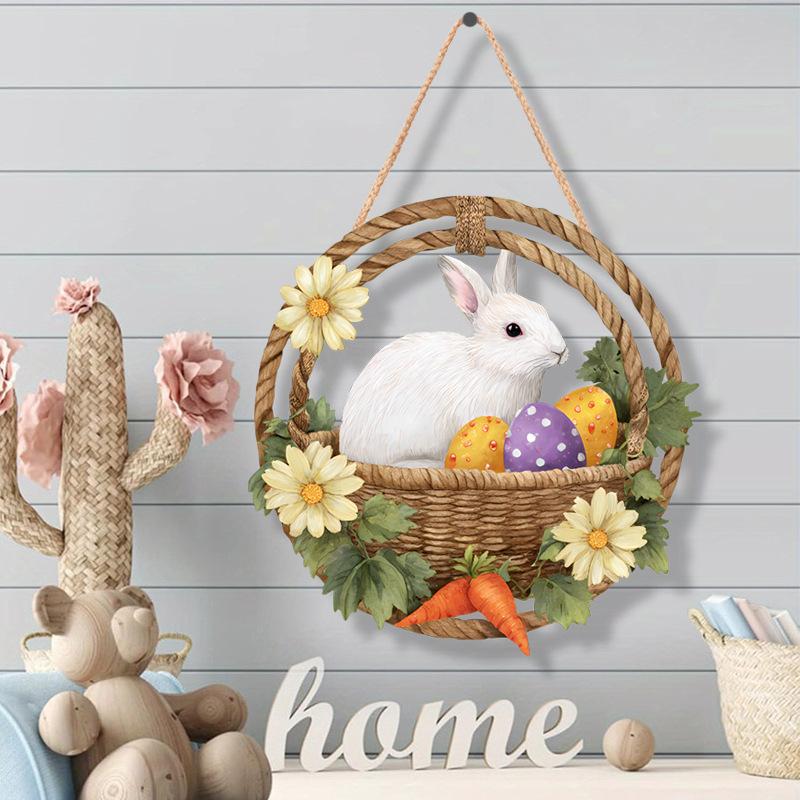 12x12 inch/30x30 cm Easter Wooden Hanging Door Sign Rabbit Egg Decorative Plaque for Easter Front Door Decor