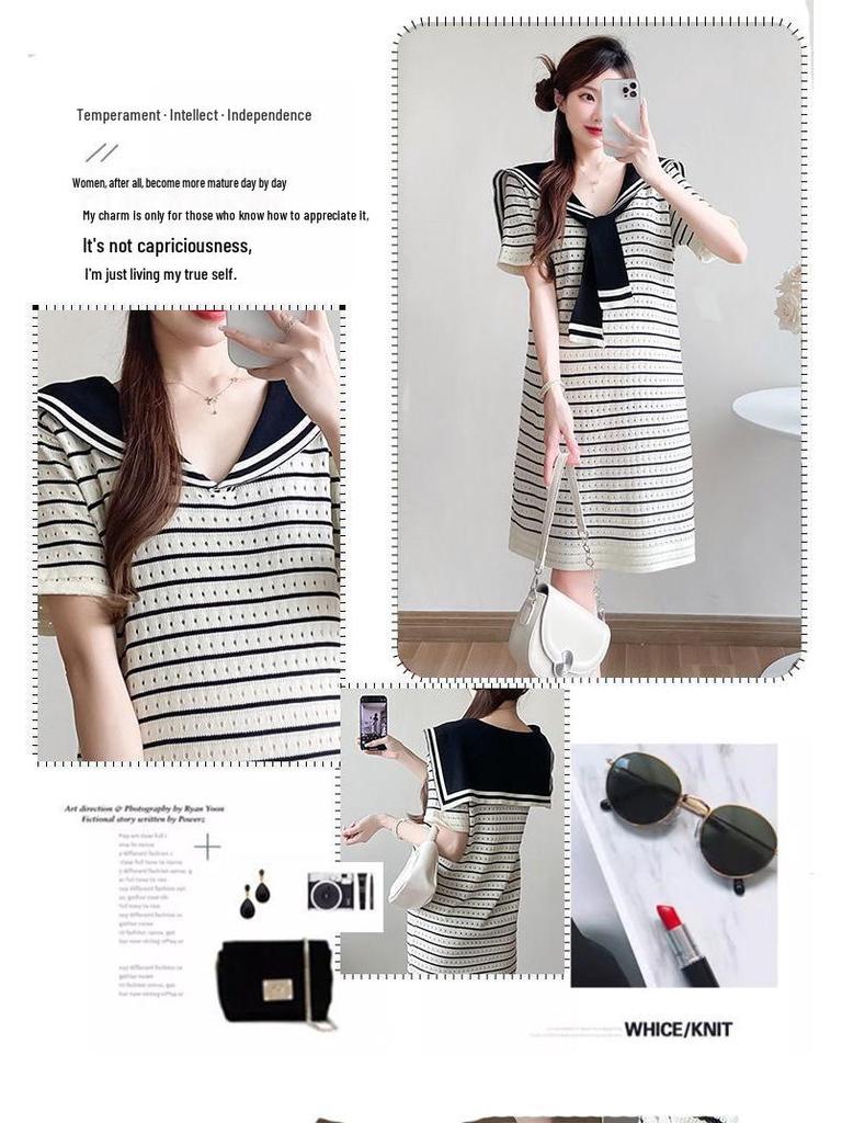 Navy Striped Korean Style Maternity Summer Dress, Casual Loose Fit, Slimming Ice Silk Knit with Hollowed-Out Details