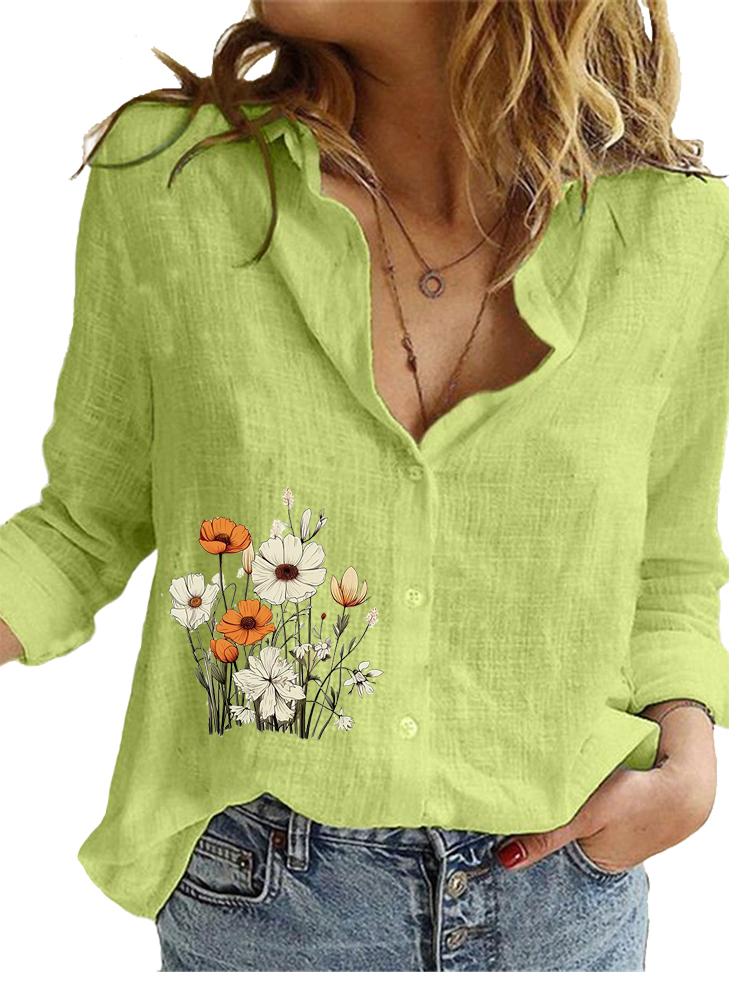 Women Fashion Cotton Linen Blouse Ladies Casual Loose Top Ladies Print Long Sleeve Shirt