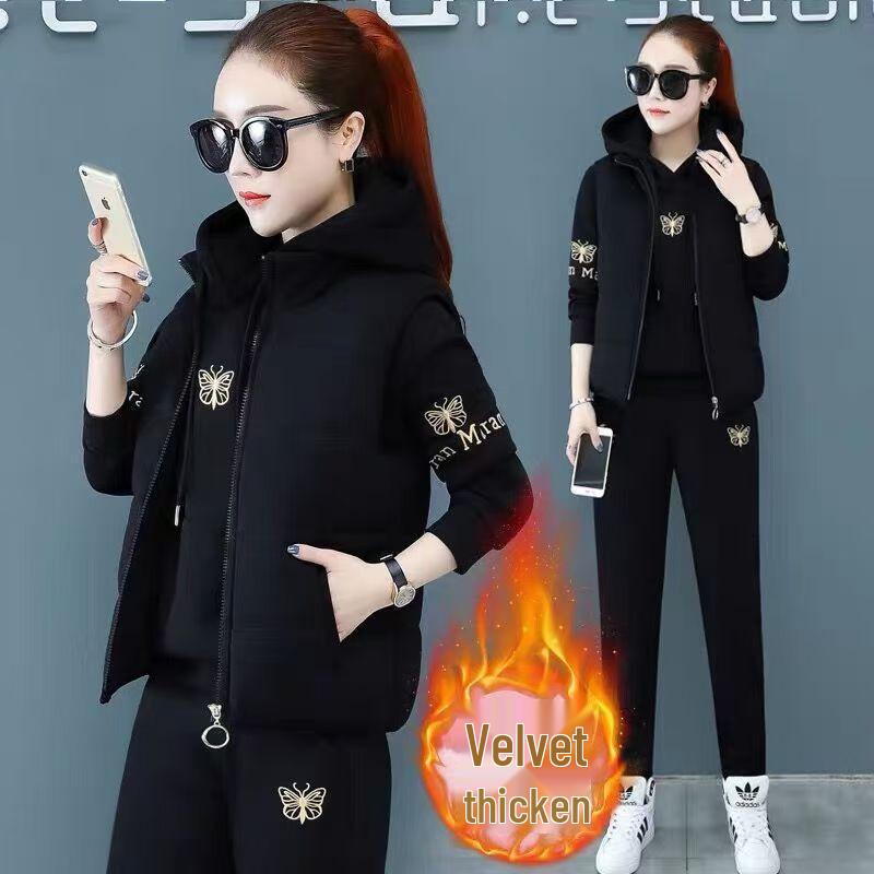 Women's Fleece-Lined Embroidered Hoodie Three-Piece Set for Autumn/Winter 2024