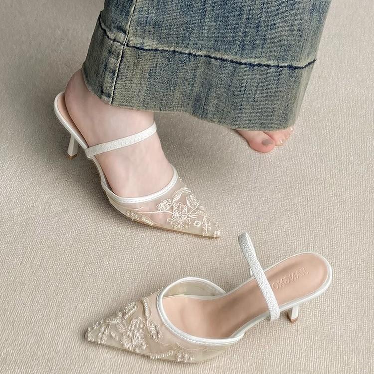 

Красивые босоножки на высоком каблуке с мелким вырезом, остроносые туфли-стилет с вышивкой, женские 2025 34 абрикосовый