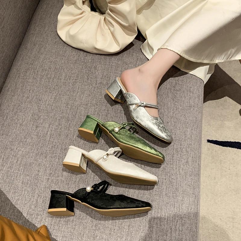 Baotou Half Slippers Female Summer Outdoor Slides Square Toe Chunky Heel High Heels Sandals Mule Slippers Pearl Decor Dress Shoe