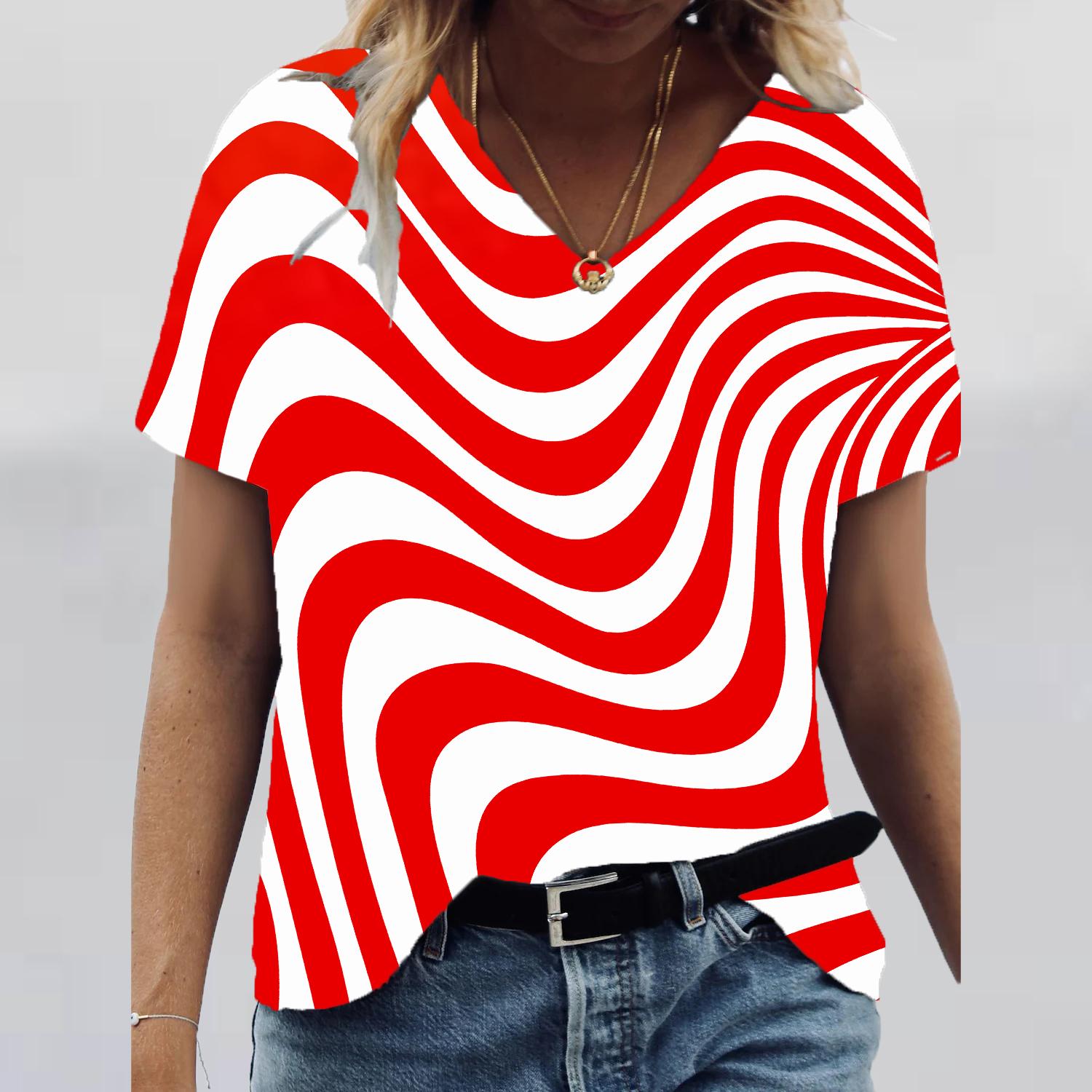 

Женские топы с v-образным вырезом и короткими рукавами, изогнутые линии, принт, свободная футболка, повседневная блузка 3XL красный