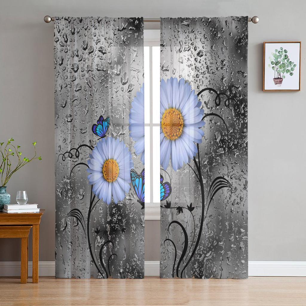 Blue Rose Flower Butterfly Glassy Gauze Curtains For Children's Bedroom Kitchen For Living Room Holiday Decor Voile Curtain