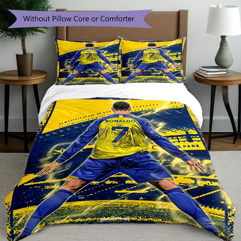 3-teiliges Bettbezug-Set (1 * Bettbezug + 2 * Kissenbezug, ohne Kern),Fußballstar Print Bettwäsche-Set, Schlafzimmer-Dekoration, Ganzjahres-, Geburtstagsgeschenk