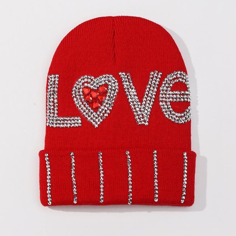 InsStyle Soft Hat Knitted Rhinestone LOVE Letter Beanies Hat Handmade Hat Breathable Pullover Hat Street Photoshoots Cap