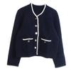 M Family French Color Block Edge Single-Breasted Age-Reducing White Trim Round Neck Long Sleeve Short Knit Cardigan Coat.
