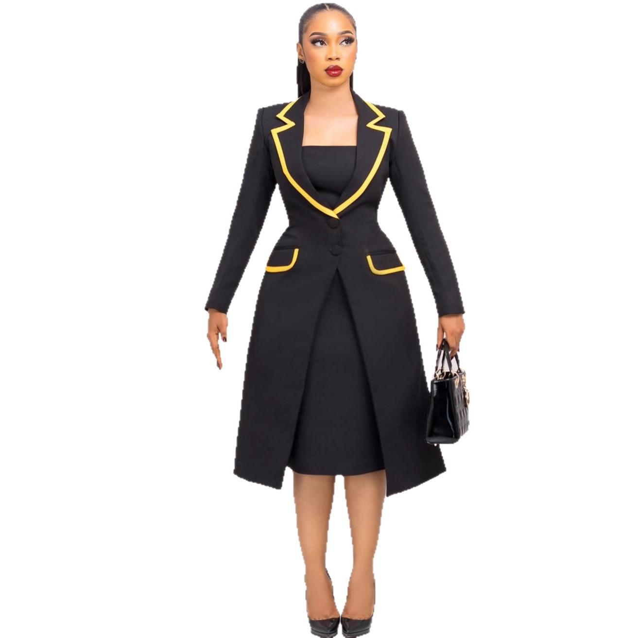 Two-Tone Trim V-Neck A-Line Midi Dress S чёрный