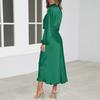 Women Dress Half-high Collar Satin Long Sleeve Solid Color Hollow Out Lantern Sleeve