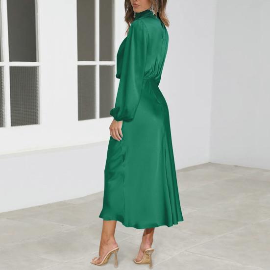 Women Dress Half-high Collar Satin Long Sleeve Solid Color Hollow Out Lantern Sleeve
