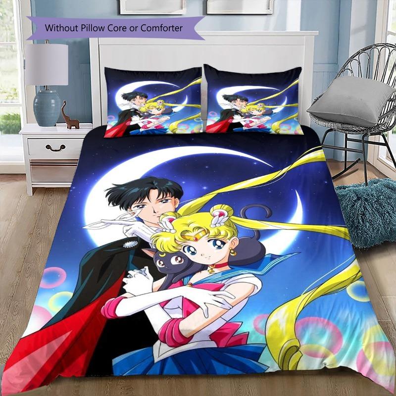 Anime Sailor Moon Group 3 Piece Bedding Set, Pink Magical Girl Duvet Cover Set