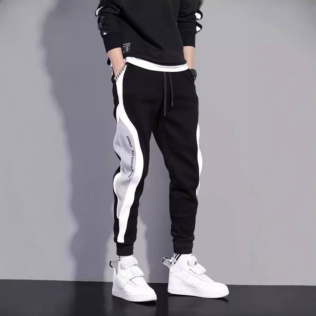 Pánské podzimní zimní teplé ležérní černé dlouhé kalhoty s fleecovou podšívkou, barevně blokovaný styl, sportovní tepláky, volné kalhoty s manžetami