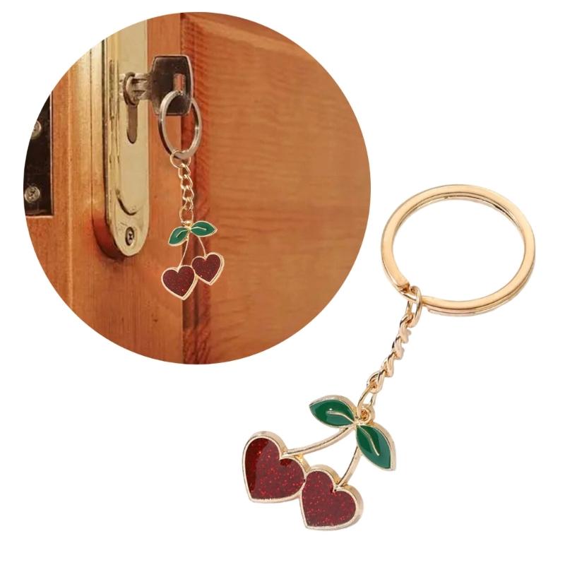 Creative Cherry Keychain Leather Fruit Double Heart Key Chain Pendant Bag Ornament Accessories for Car Key Bag Purse