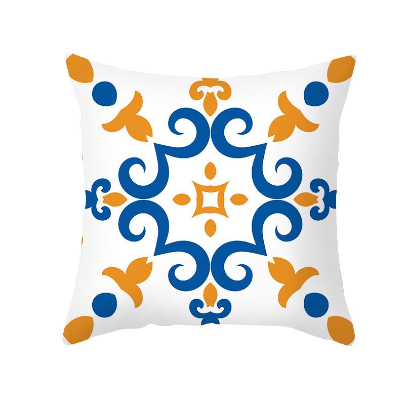 Ethnic Style Sofa Pillow Cover Blue Printed Peach Skin Pillow Cover Office Cushion