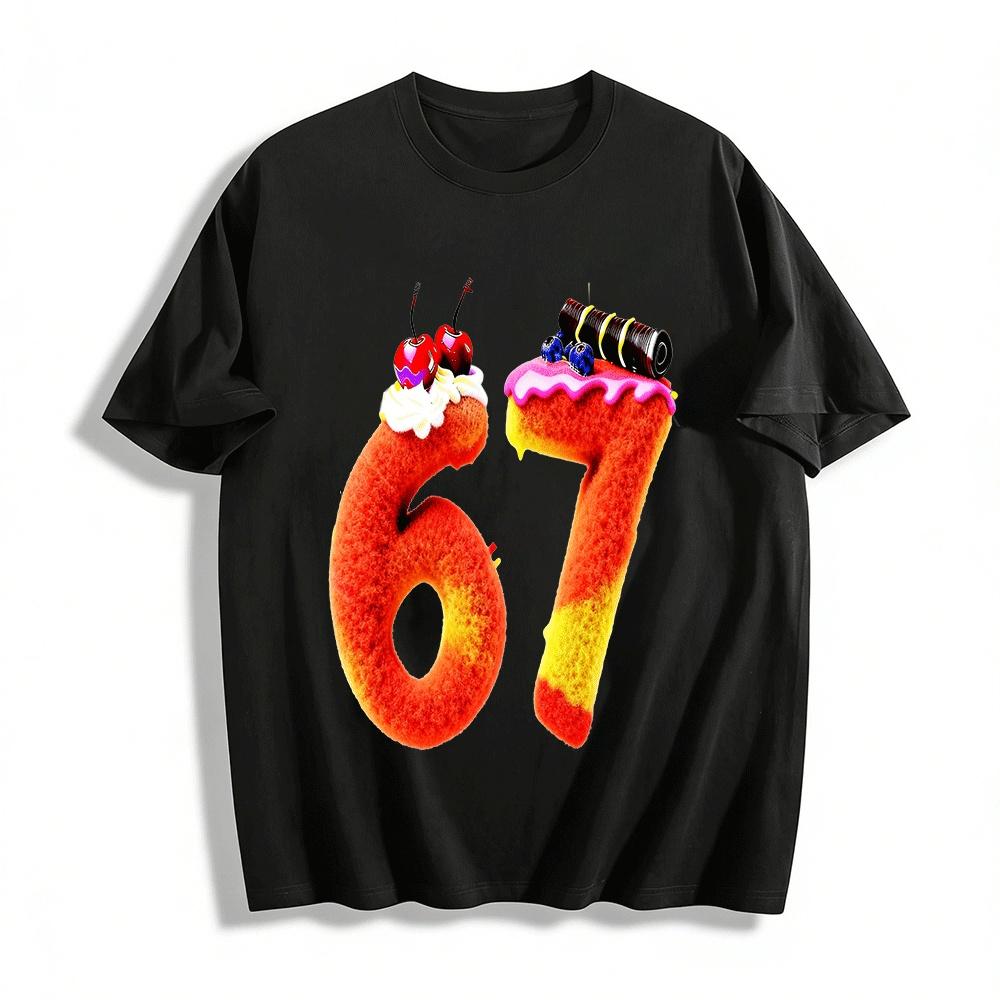 Plush Texture Number 67 Dessert Print Casual Top Pure cotton T-shirt XXS