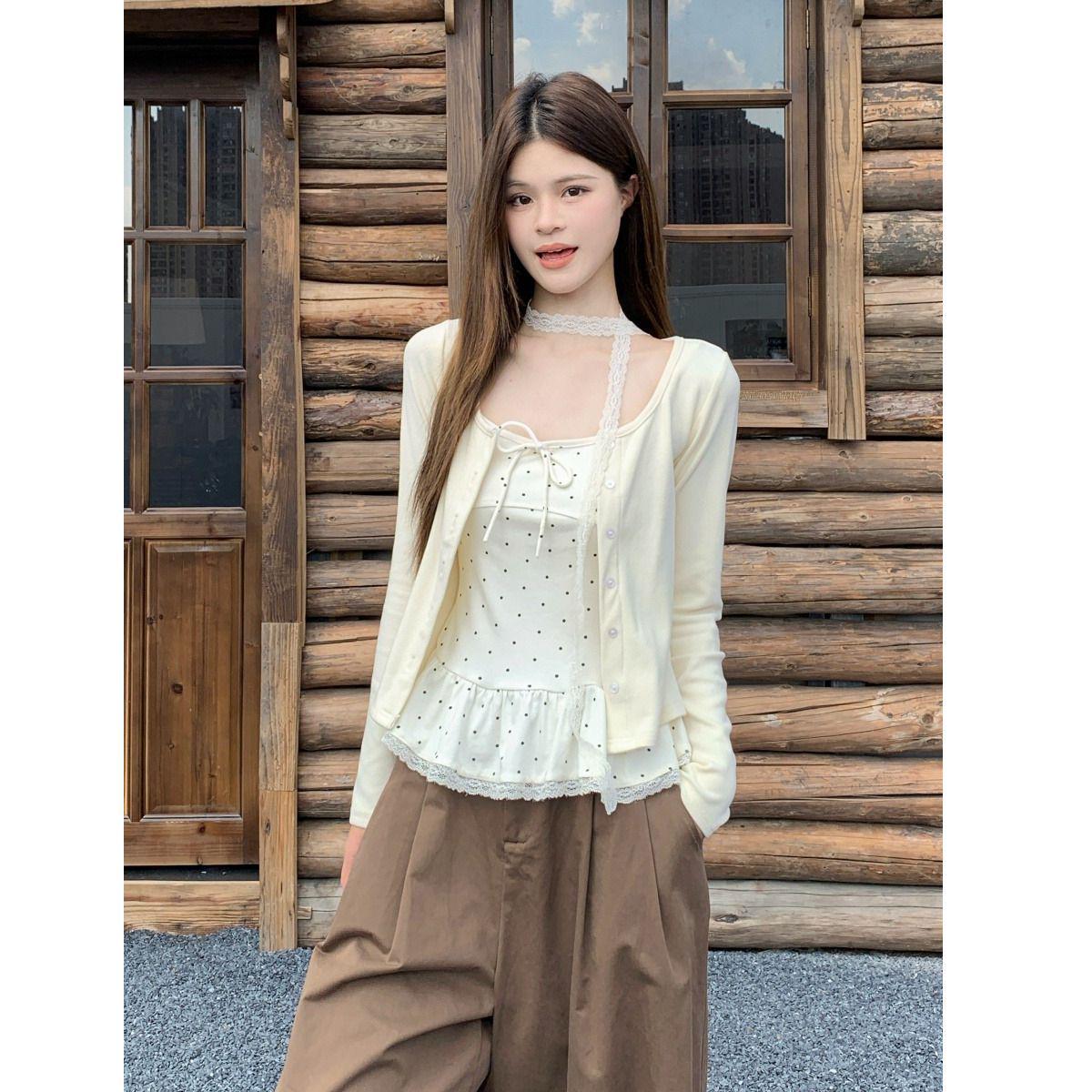 

Sweet Spicy Lace Polka Dot Ruffle Camisole Cardigan Scarf Set - Early Autumn Collection Large