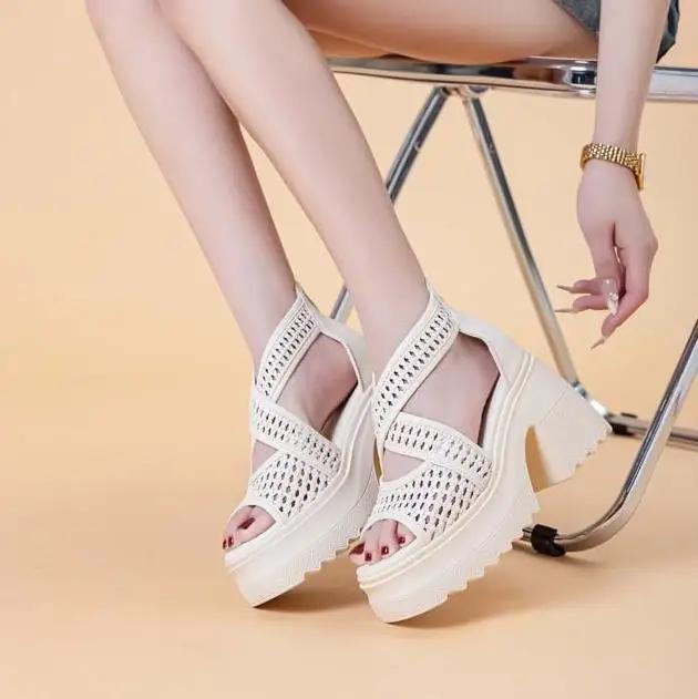 Fashion High Quality 10CM Genuine Leather Peep Toe Shoes Chunky Heels Sandals Pumps Platform Wedge Summer Fashion Ankle Booties Women