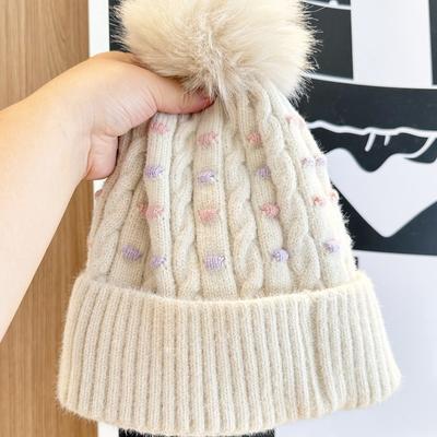 Winter New Color Hat Polka Dot Jacquard Knitted Hat Korean Version Women's Plush Warm Hairball Ear Protection Wool Hat