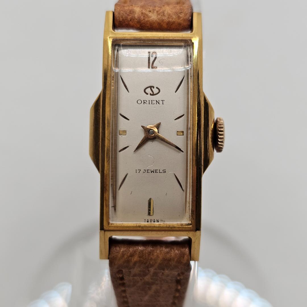 Used Orient Tank 14KGF Gold Plated 17 Stones Manual Winding Antique Working