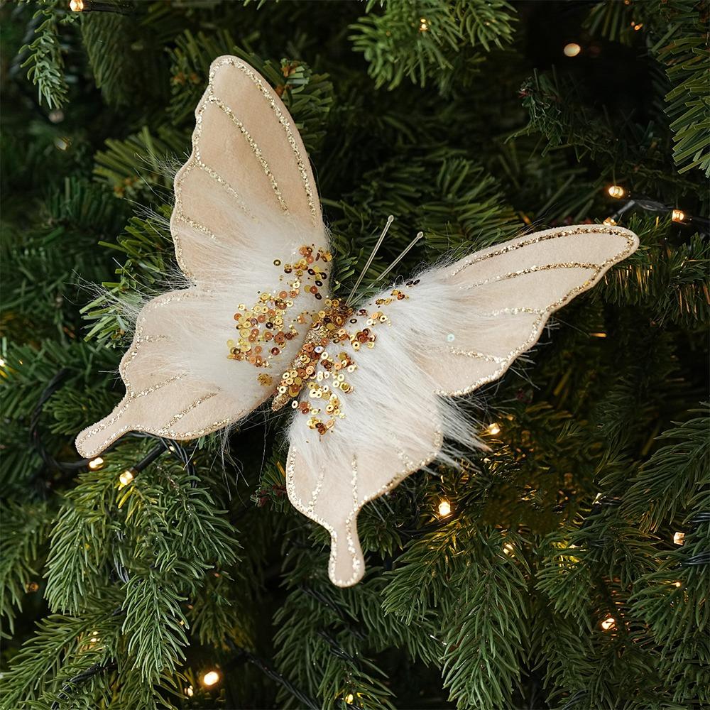 Clip-On Christmas Butterfly Ornaments Flocking Finish Xmas Butterfly Clip Decor  Holiday Party