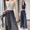 Plaid Strappy High-Waisted Wide-Leg Pants - Women's Korean Style Casual Long Pants