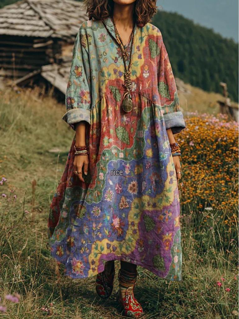 Retro Böhmisches V-Ausschnitt Ethnisches Stil Kleid - Europäischer & Amerikanischer Lässiger Lockerer Schnitt