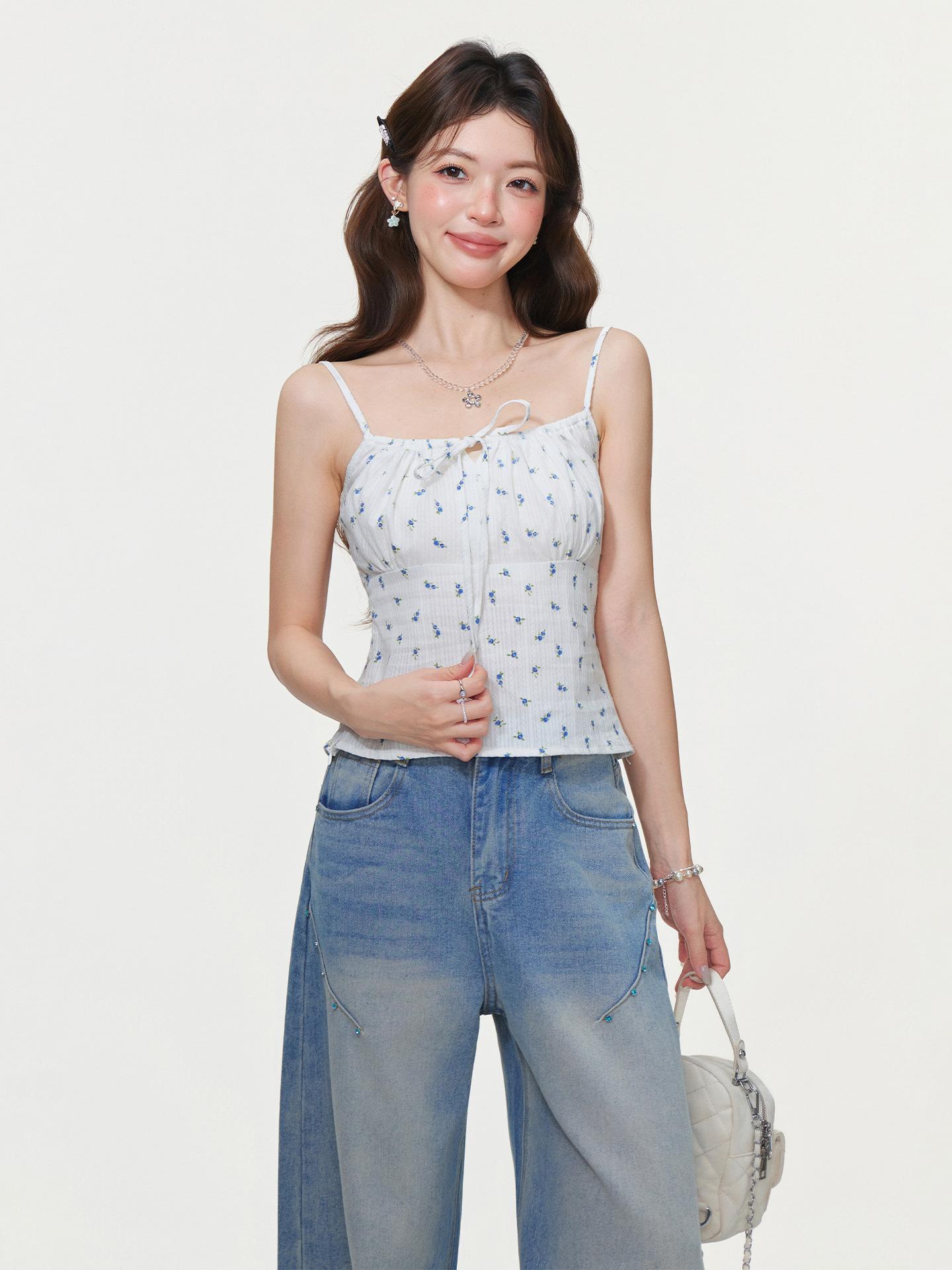

Korean white floral sling vest for women s spring and summer beauty back sweet babes slim and thin sleeveless outerwear top S белый