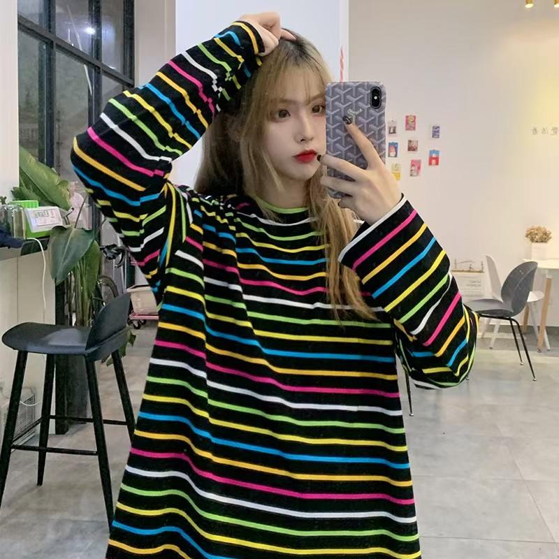 spring autumn korean girl green stripe t shirt Casual oversized Bottoming T-Shirts Women Long Sleeve student tops y2k clothes