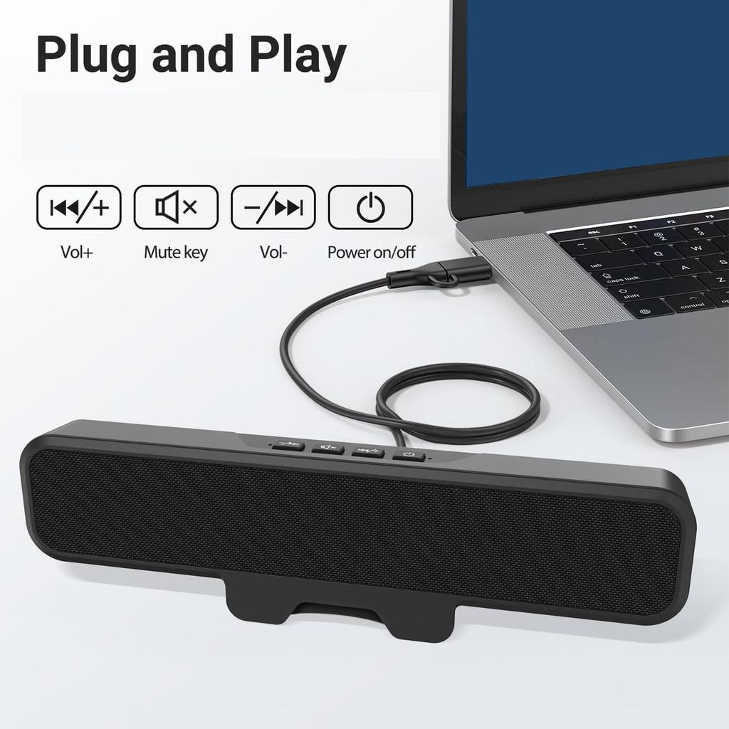 Acogedor 10W Clip-On Computer Speakers, USB A To USB C Wired Stereo Speaker Bar for Desktop PCs, with Volume Control and Mit Buttons