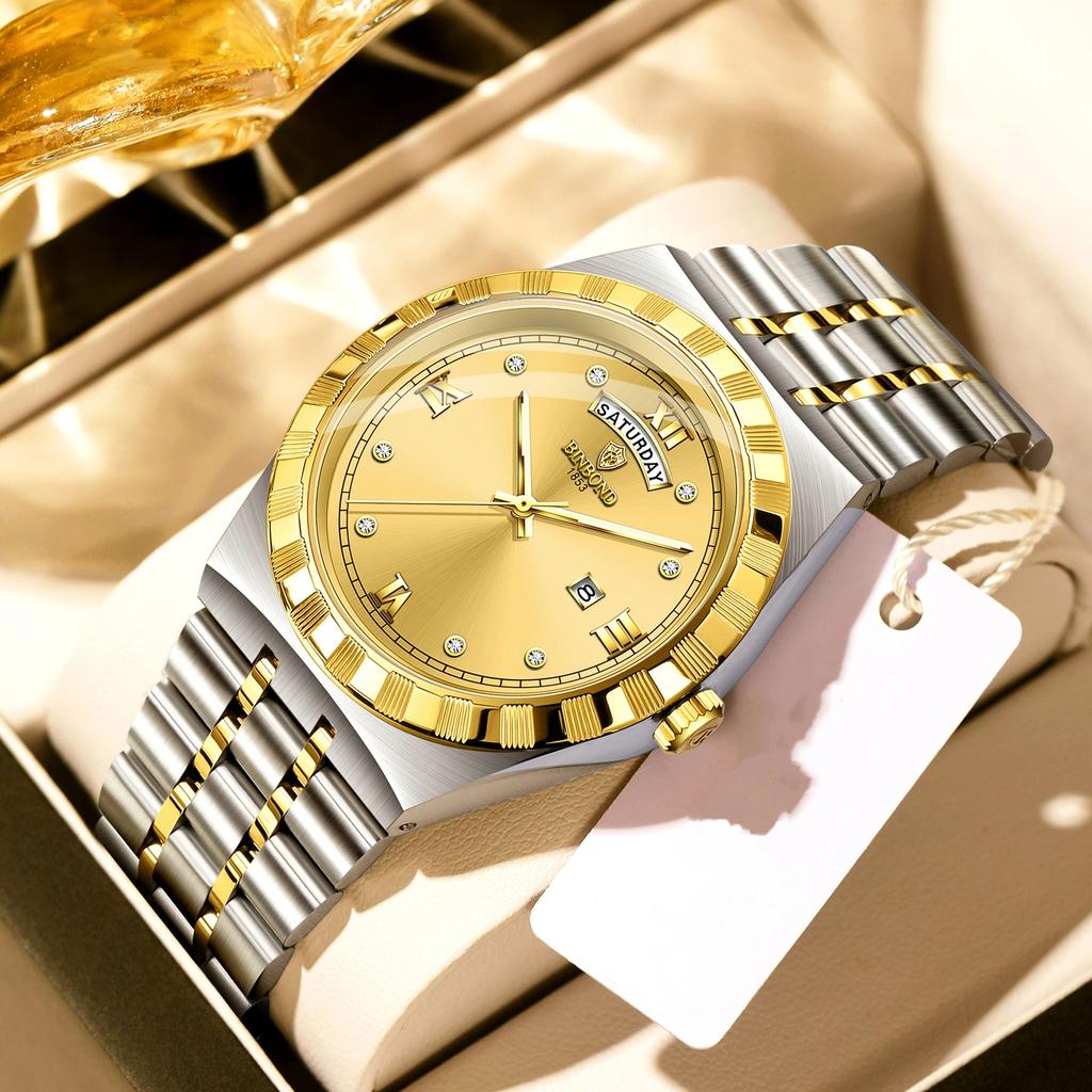 BINBOND Men's Watches Simple Fashion Original Quartz Watch for Man Texture Dial Stainless Steel Date Week Trend Dress Wristwatch