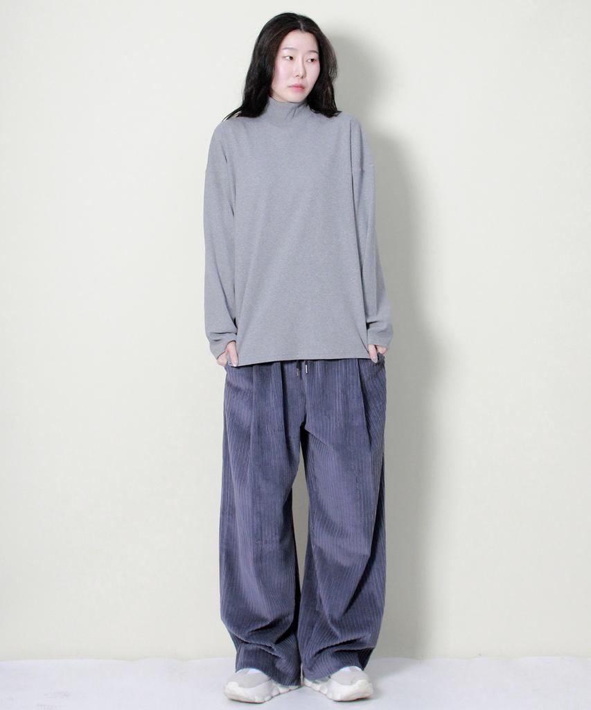 Deumakeu Wide-Fit Corduroy One-Pleat Elastic Pants Grayish Blue