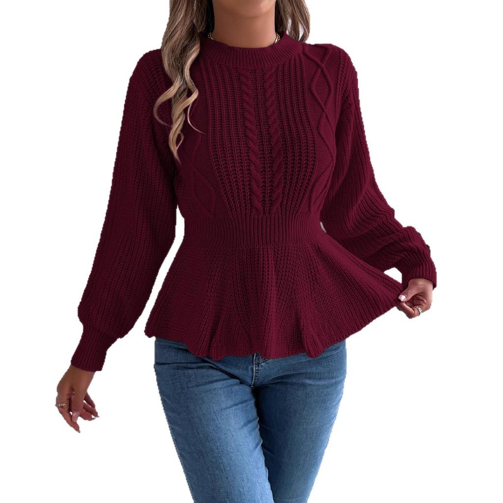 Women's Solid-color Braided Waist-cinched Ruffled Long-sleeved Pullover Sweater for Autumn and Winter