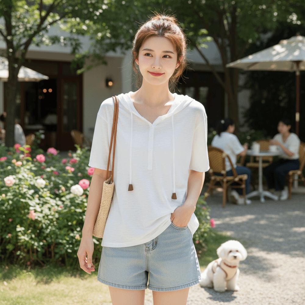 Thin Henley Shirt Hoodie Loose Fit Pullover Tops Fashion Hooded Short Sleeve T-Shirt Women
