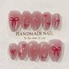 24 Pièces Ongles French Amande à Presser Avec Nœud 3D et Motif Cerise Embouts d'Ongles Artificiels