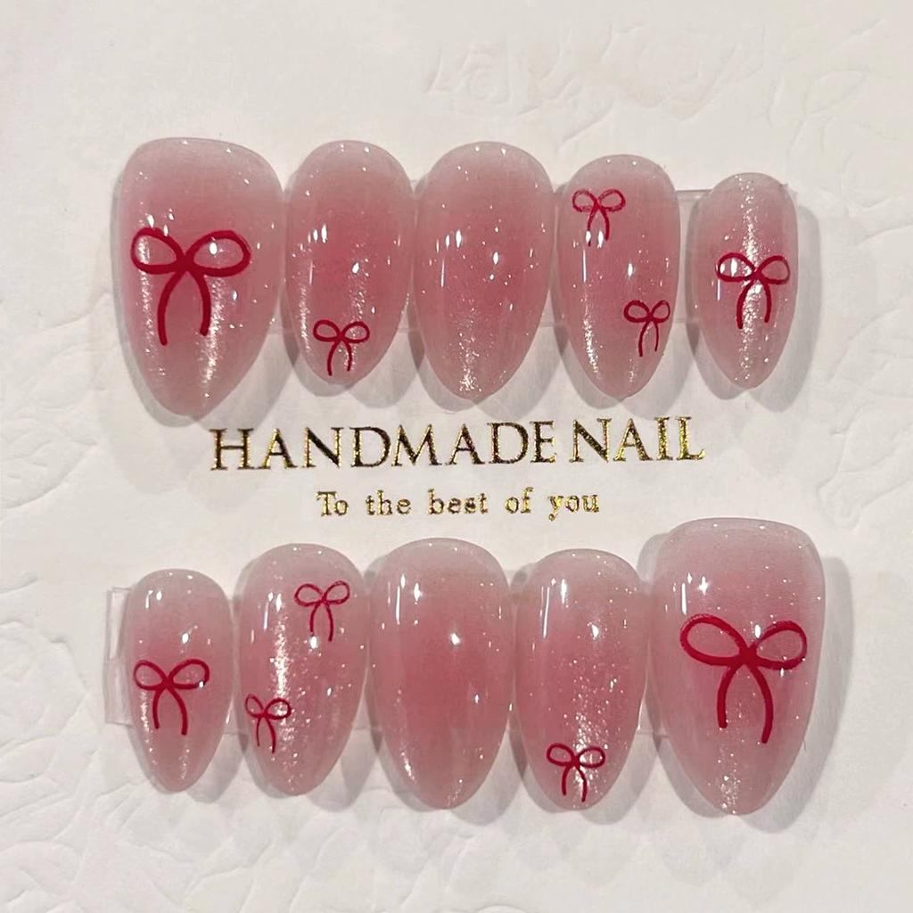24 Pièces Ongles French Amande à Presser Avec Nœud 3D et Motif Cerise Embouts d'Ongles Artificiels