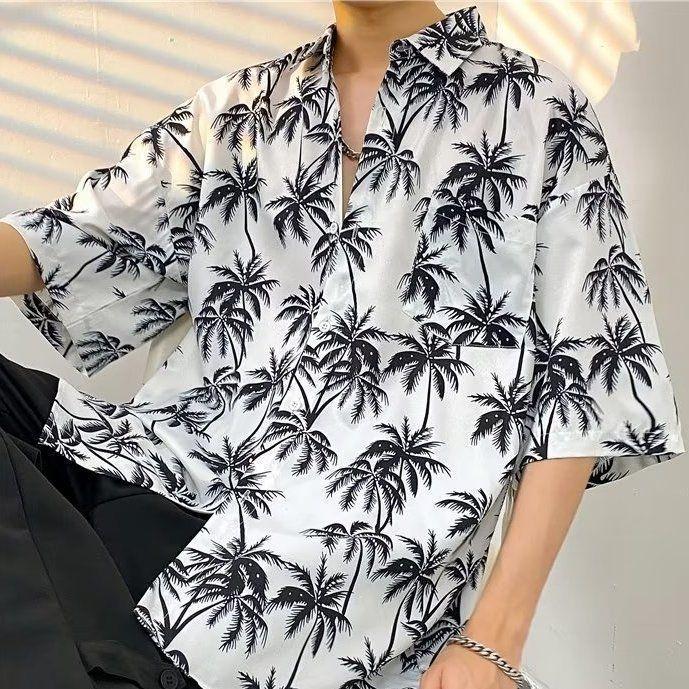 Hawaiian Floral Short Sleeve Shirt Men Vintage Loose Fit M