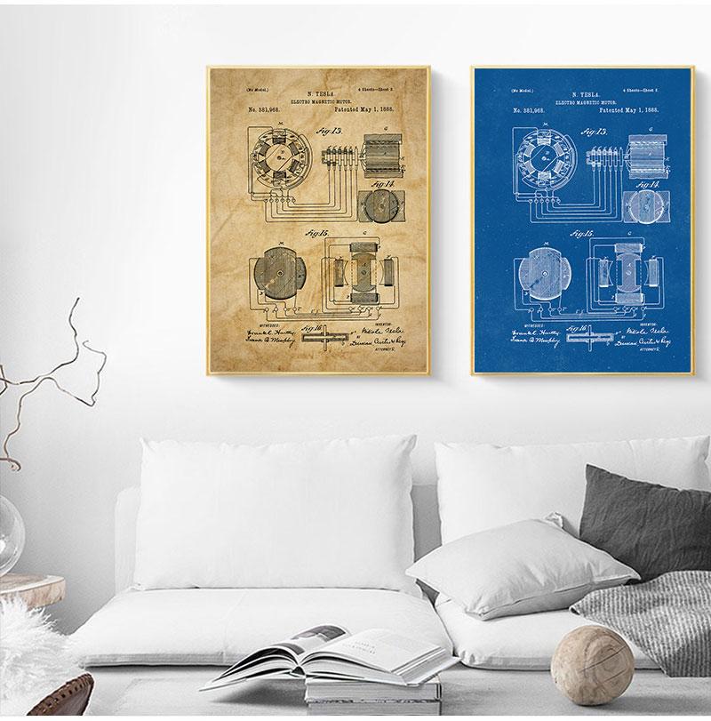 Nikola Tesla Motor Patent Blueprint Vintage Posters and Prints Artwork Magnetic Motor Wall Art Canvas Painting Gift Home Decor No Frame