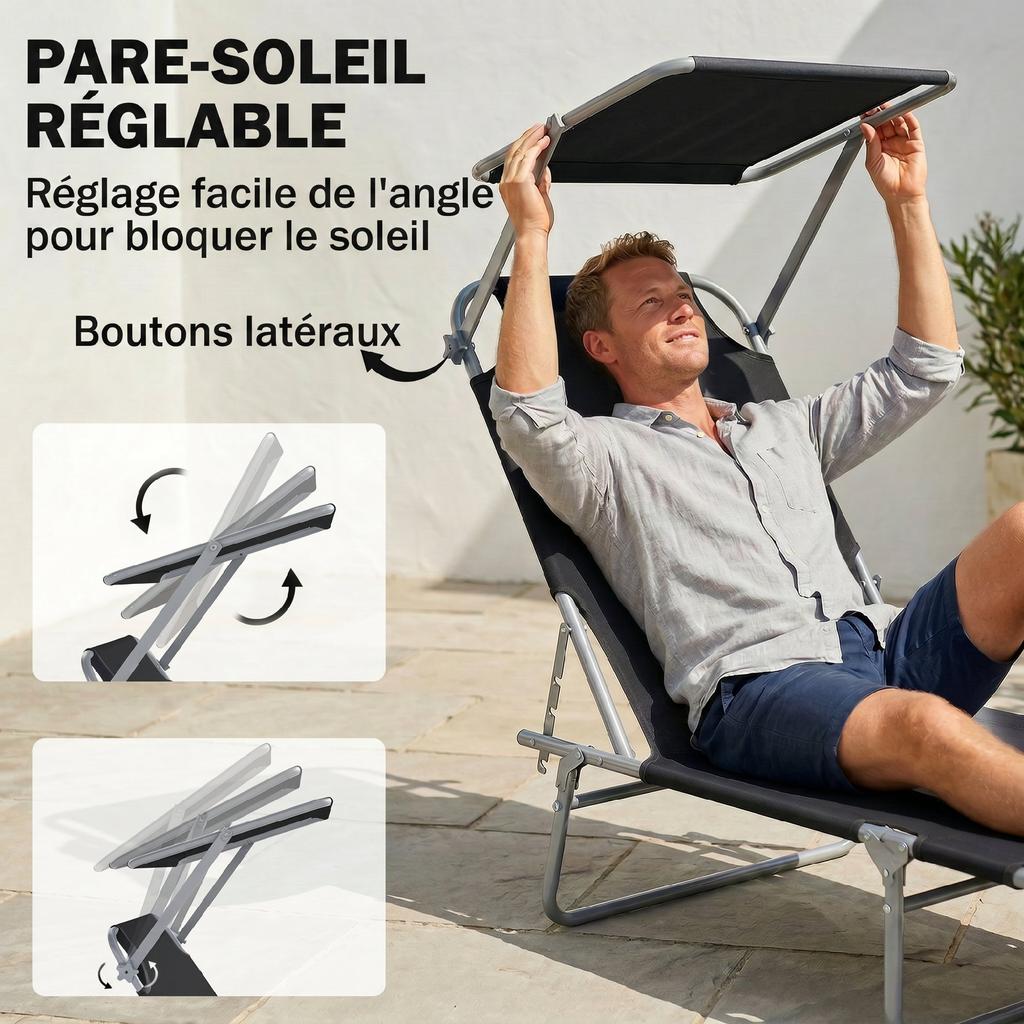 Folding Sun Lounger, Chaise Lounge, Multi-Position Backrest, Sunshade, 187 x 58 x 36 cm, Black