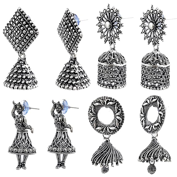 Fashion Latest Traditional Oxidized Silver and Antique Golden Base Metal Dangle and Drop (COMBOs of 4) Jhumki Earrings for Women & Girls