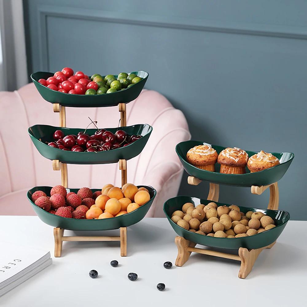 Kunststoff Obstteller mit Holzhalter Oval Servierschalen für Party Essen Server Präsentationsständer Obst Süßigkeitenschale Regale