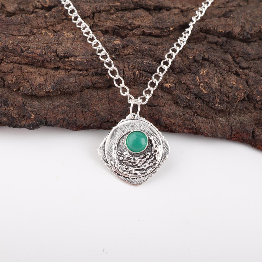 Green Onyx Cab Gemstone Jewelry, 925 Solid Sterling Silver Pendant, Handmade Silver Pendant For Wedding Gift