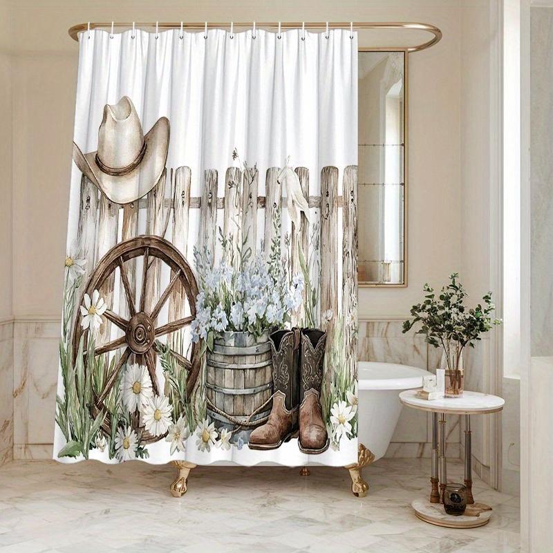 

1Pc Rustic Western Shower Curtain, Wooden Wagon Wheel & Cowboy Design, Wildflowers Daisies, Durable Bathroom Decor W60H190(CM)-1 Pcs